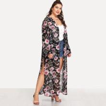 Shein Plus Floral Print Split Side Open Front Cardigan