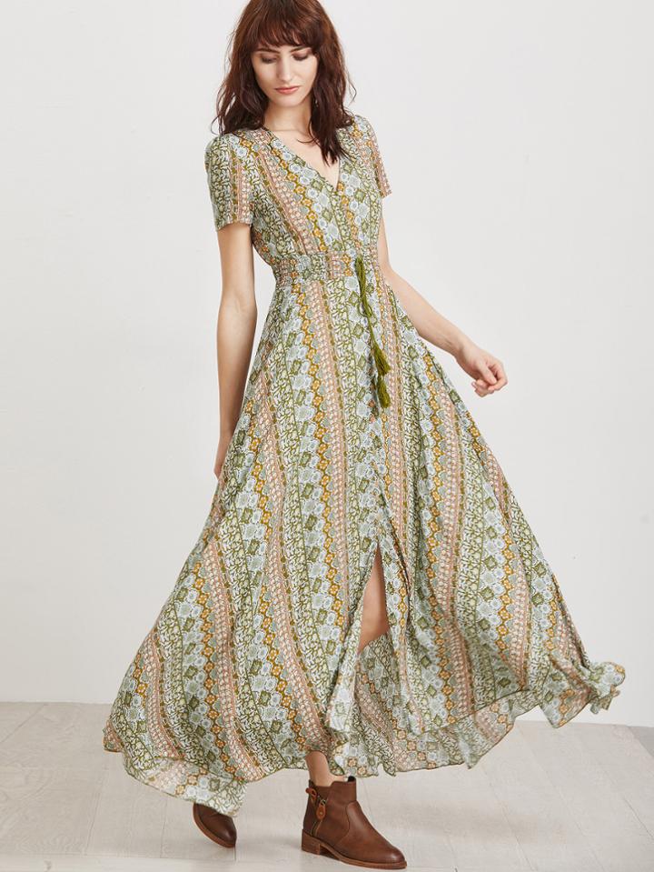 Shein Tribal Print V Neck Drawstring Tassel Tie Waist Dress