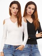 Shein Black And White Cold Shoulder T-shirt Set 2pcs