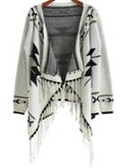 Shein Beige Long Sleeve Geometric Print Tassel Cardigan