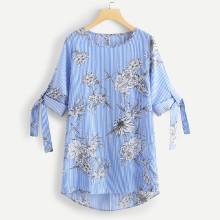 Shein Rolled Up Sleeve Knot Floral Print Striped Dress