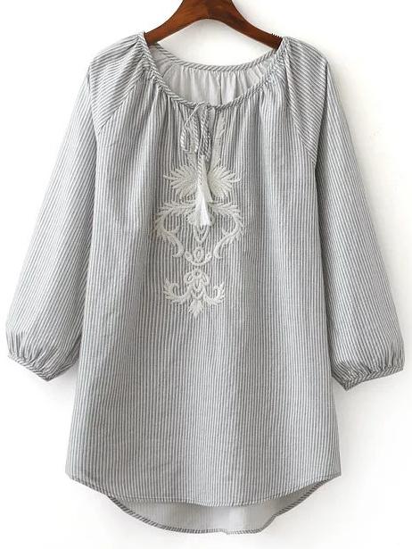 Shein Grey Tie Neck High Low Stripe Blouse