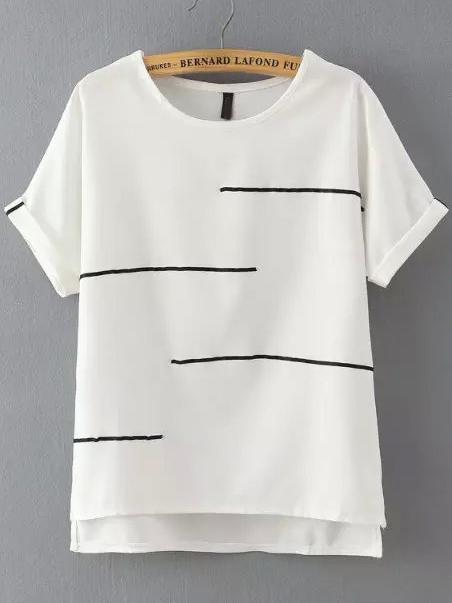 Shein Striped Trim Dip Hem Tee