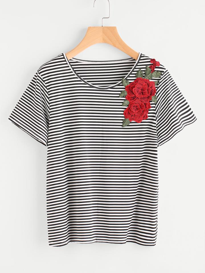 Shein 3d Embroidered Applique Striped T-shirt