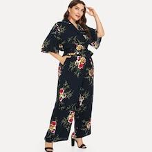Shein Plus Notch Collar Wrap Botanical Jumpsuit