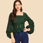 Shein Lace Up Front Lantern Sleeve Blouse