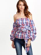 Shein Multicolor Plaid Billow Sleeve Off The Shoulder Wrap Top