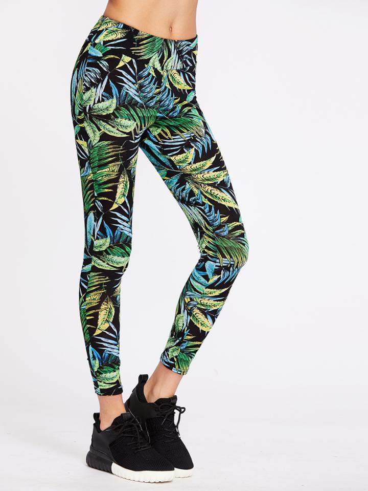 Shein Tropical Print Wide Waistband Leggings