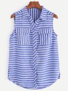 Shein Blue White Stripe Sleeveless Blouse With Pockets