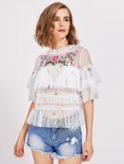 Shein Flower Embroidered Frilled Debby Mesh Top
