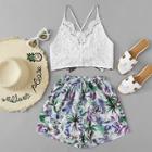 Shein Cross Back Lace Top With Botanical Print Shorts