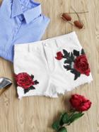 Shein 3d Rose Applique Raw Hem Shorts