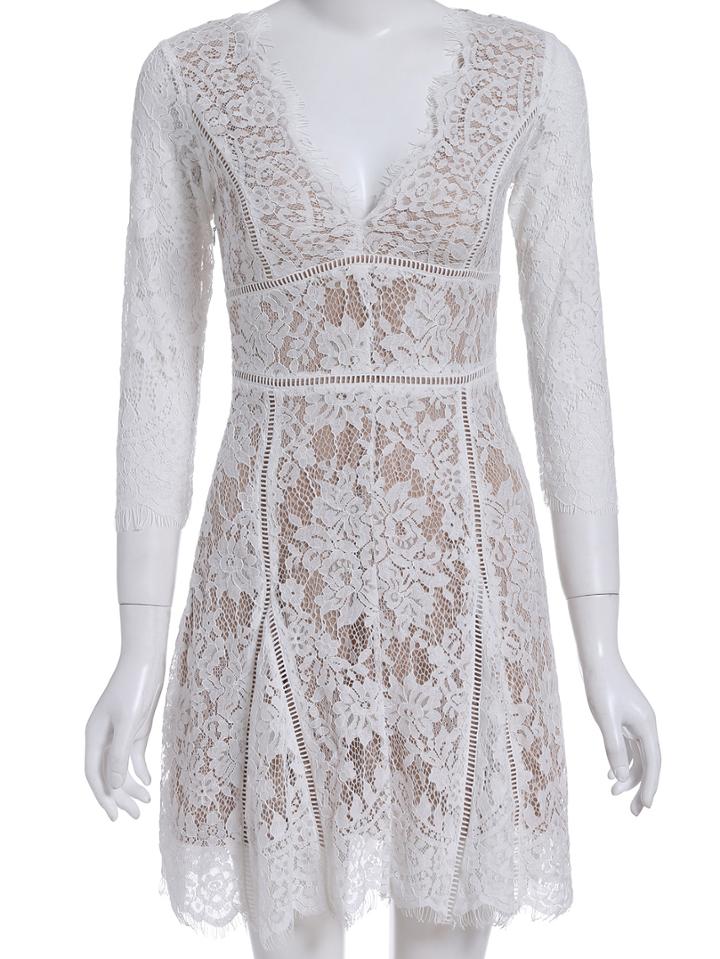Shein White V Neck Sheer Lace Dress