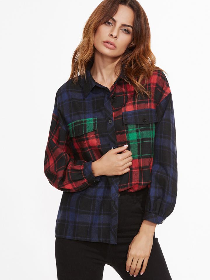 Shein Color Block Dual Pocket Front Plaid Blouse