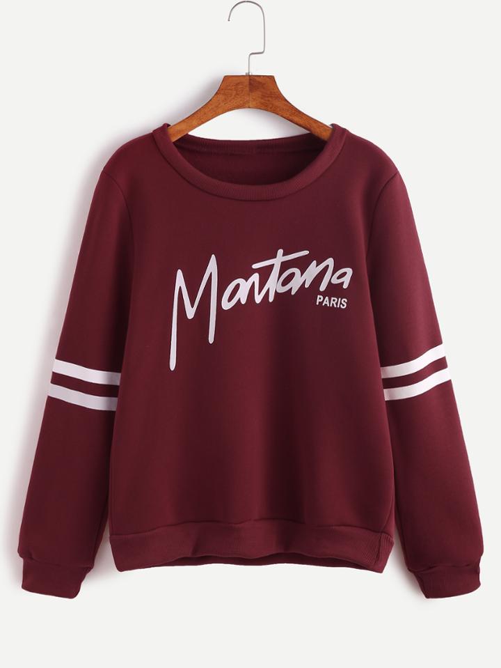 Shein Burgundy Letter Print Striped Sleeve Sweatshirt