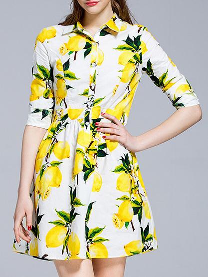 Shein White Lapel Lemons A-line Dress