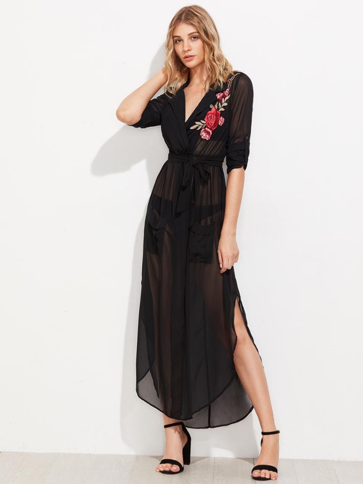 Shein Embroidered Applique Self Tie Curved Hem Chiffon Shirt Dress