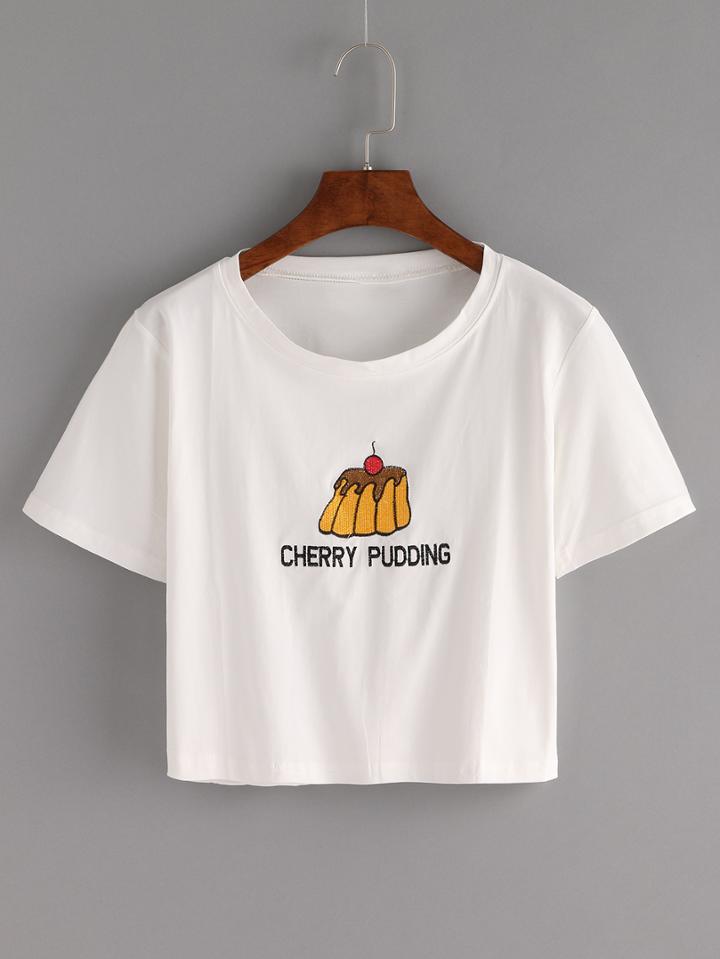 Shein Pudding Embroidered Crop T-shirt - White