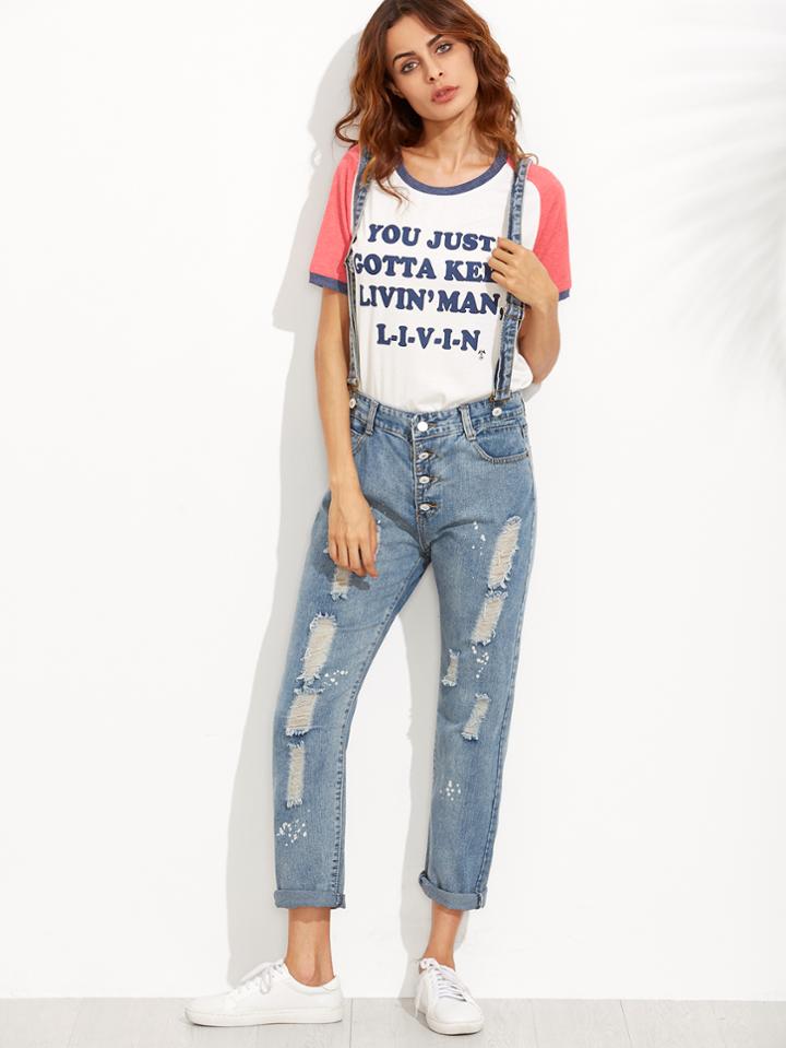 Shein Blue Button Fly Ripped Jeans With Strap