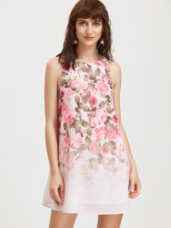 Shein Pink Rose Print Tank Dress