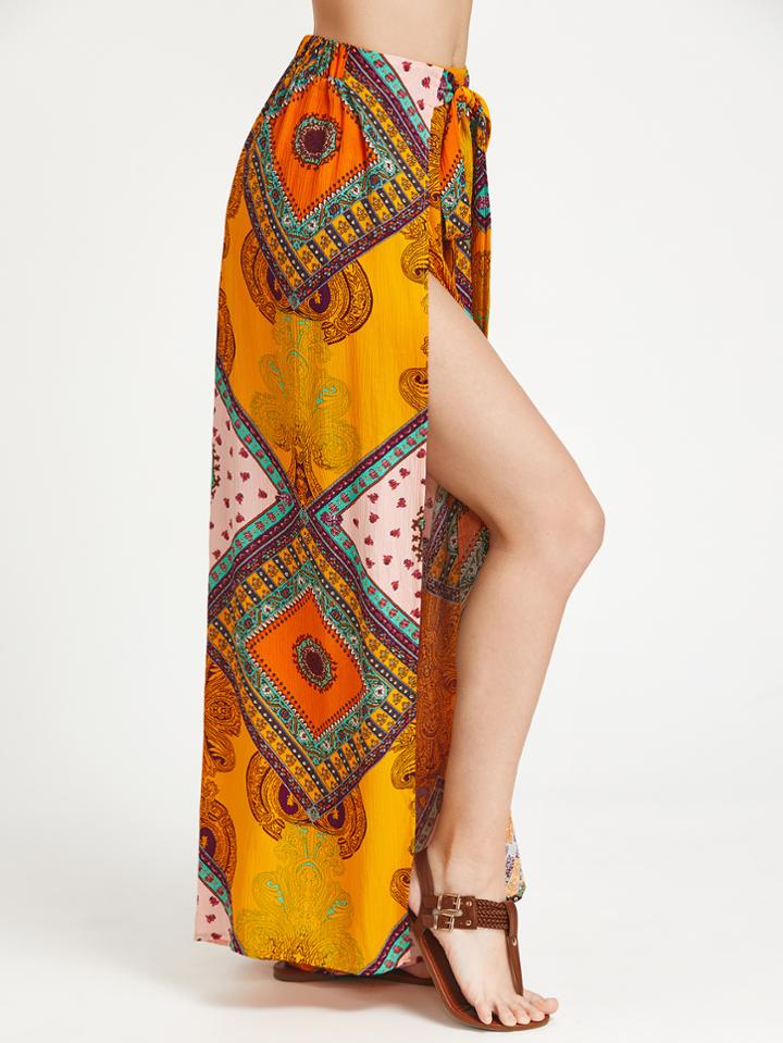 Shein Ornate Print Self Tie Slit Culotte Pants