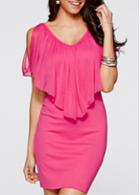 Rosewe Ruffle Decorated Cold Shoulder Pink Sheath Dress