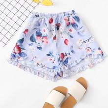 Shein Elastic Waist Frill Hem Botanical Shorts