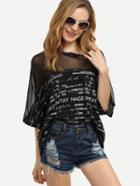 Shein Black Mesh Insert Letter Print T-shirt