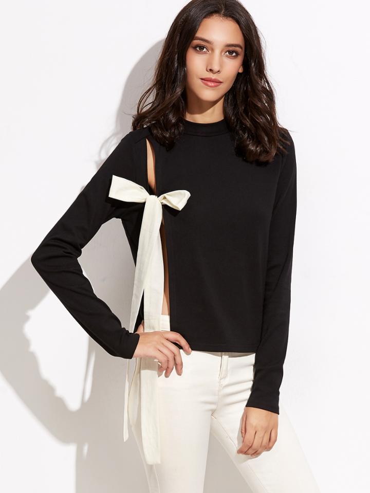 Shein Mock Neck Split Bow Tie Front Tee