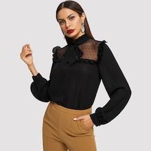 Shein Tie Neck Dot Mesh Yoke Top