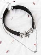 Shein Black Rhinestone Flower Pendant Layered Velvet Choker