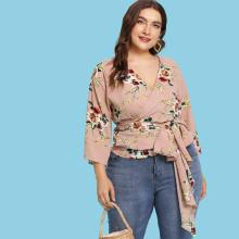 Shein Plus Tie Waist Floral Surplice Front Top