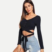 Shein Criss Cross Knot Front Single Breasted Tee