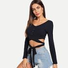 Shein Criss Cross Knot Front Single Breasted Tee