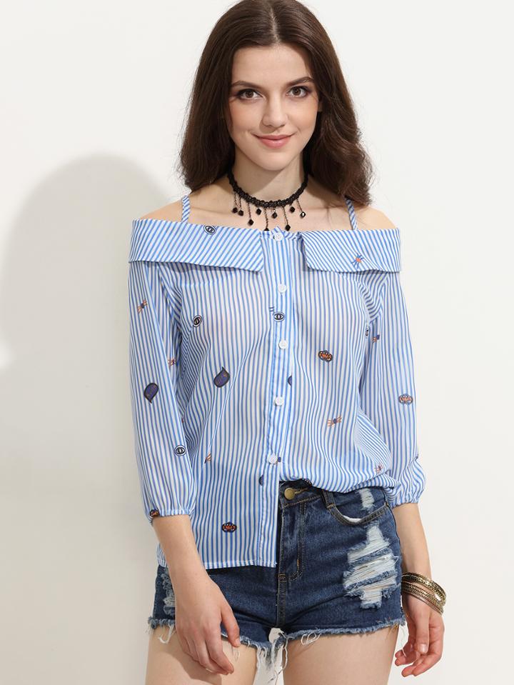 Shein Blue Striped Cartoon Print Cold Shoulder Fold Over Blouse