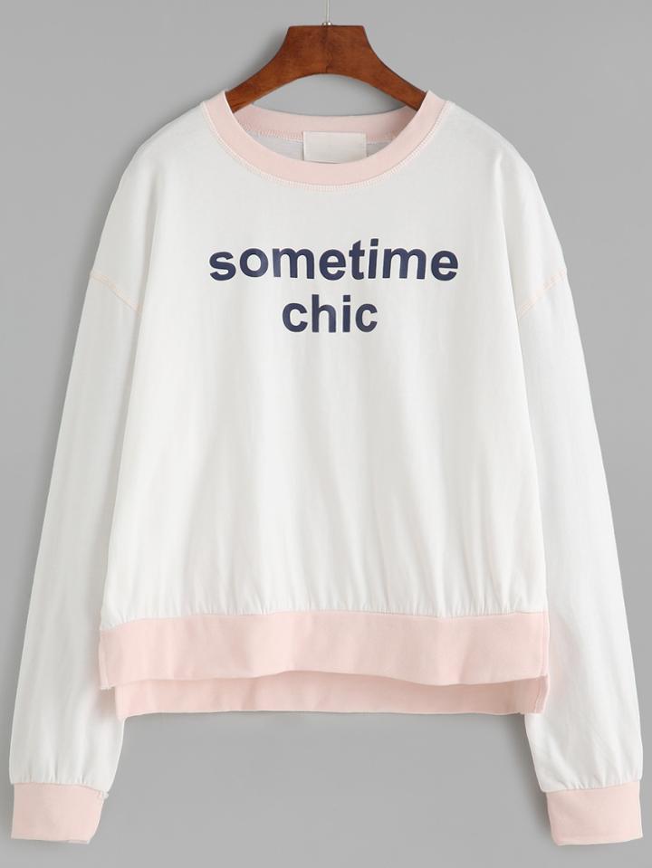 Shein White Letter Print Slit Side High Low Sweatshirt