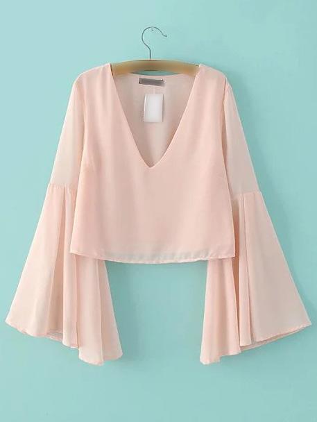 Shein Pink Bell Sleeve V Neck Chiffon Blouse