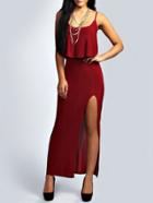 Shein Wine Red Spaghetti Strap Ruffle Split Dress