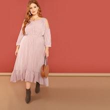 Shein Plus Open Shoulder Button Front Ruffle Hem Dress