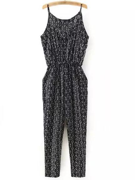 Shein Black Printed Pockets Elastic Waist Spaghetti Strap Jumpsuit