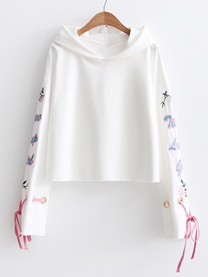 Shein Embroidery Detail Lace Up Sleeve Hoodie