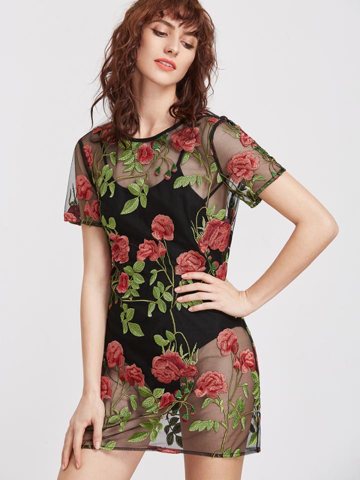 Shein Black Flower Embroidered Sheer Mesh Dress With Cami Bodysuit