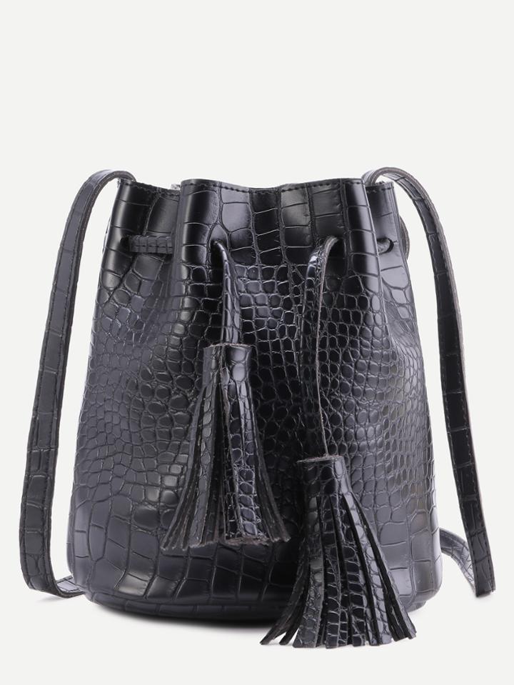 Shein Black Crocodile Pu Tassel Drawstring Bucket Bag