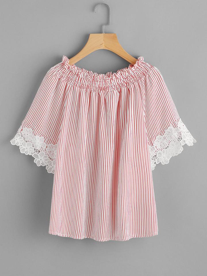 Shein Contrast Crochet Trim Vertical Striped Frill Top