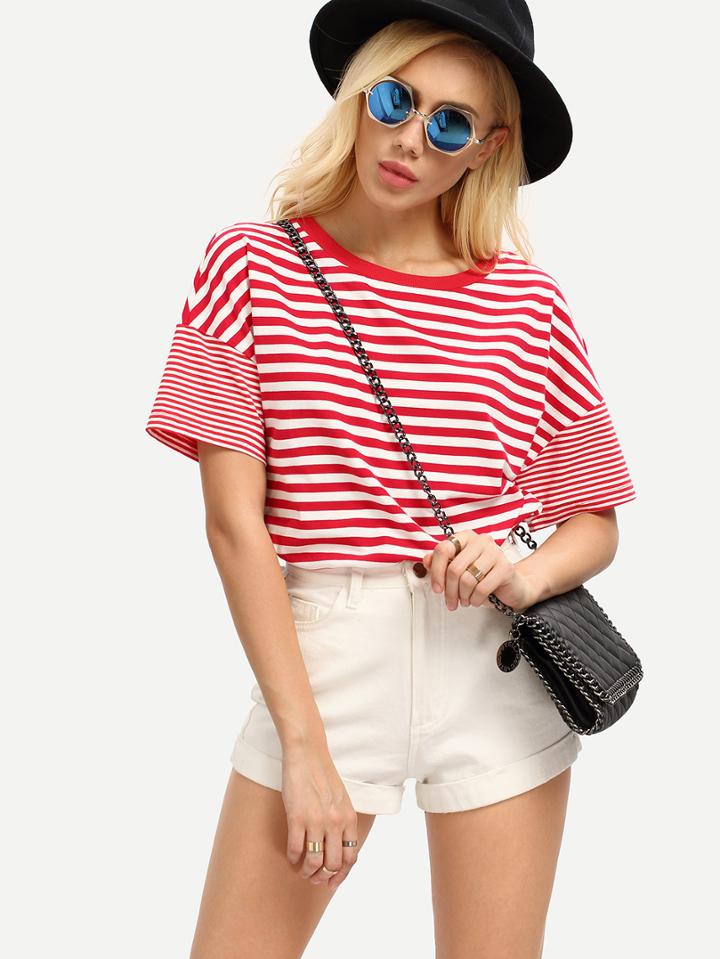 Shein Red White Striped Short Sleeve T-shirt