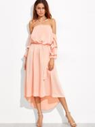 Shein Pink Off The Shoulder Long Sleeve Self Tie Dip Hem Dress