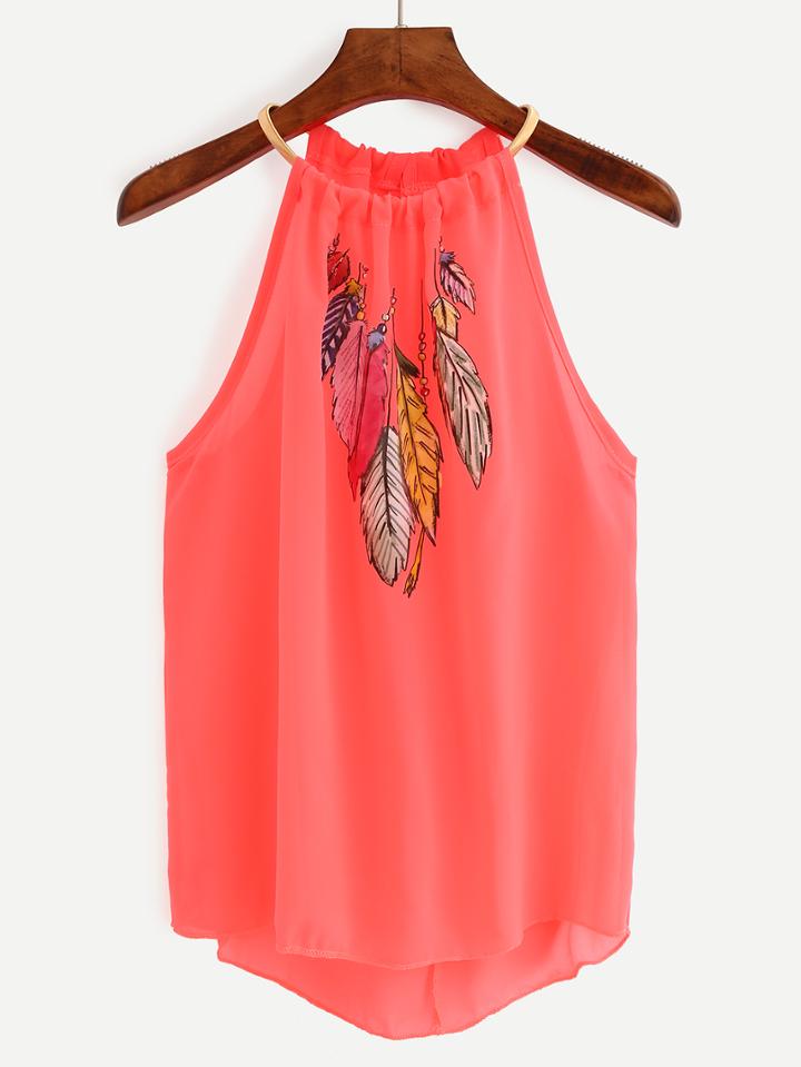 Shein Keyhole Halter Neck Feather Print Top - Fluorescent Red