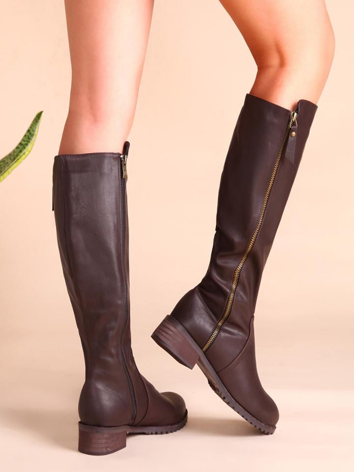Shein Brown Faux Leather Side Zipper Cork Heel Knee Boots