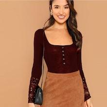 Shein Button Front Lace Cuff T-shirt