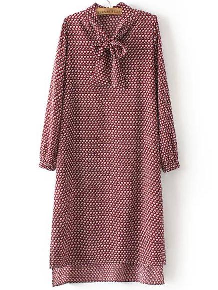 Shein Red Tie Collar Floral Loose Dress